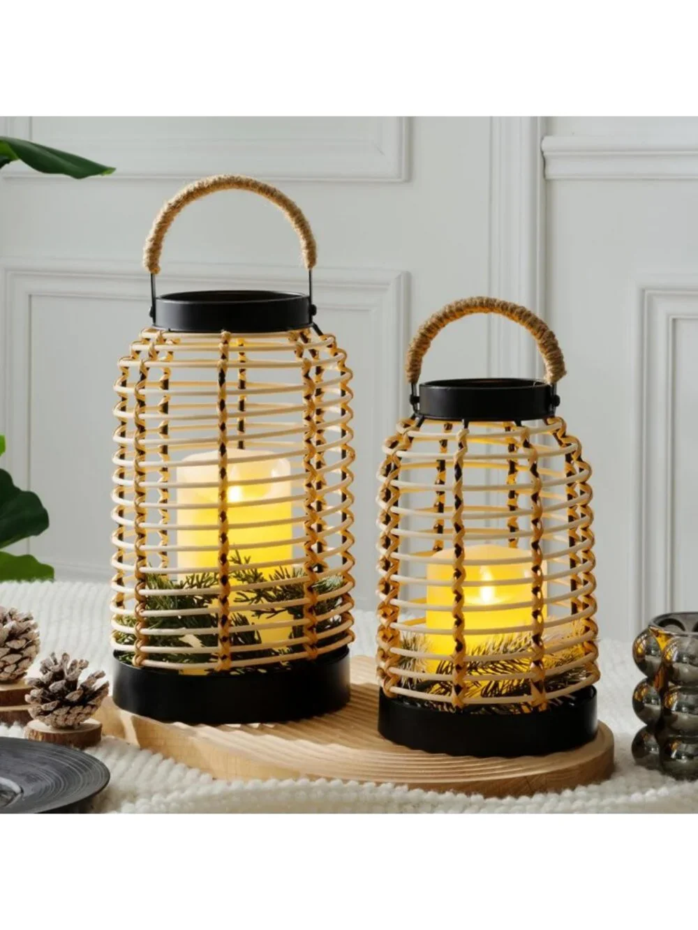 Handwoven Rattan Lantern Set with Straw Handle, Boho Chic Decor for Patio & Home